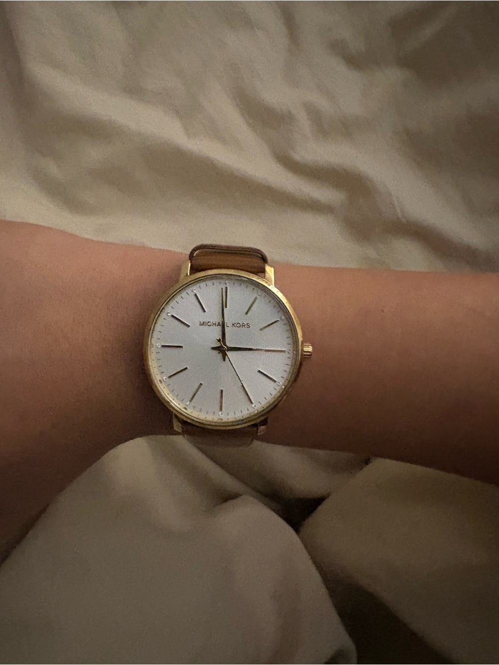 Michael Kors Gold-Tone Case with Brown Leather Strap Women's Watch - White Dial